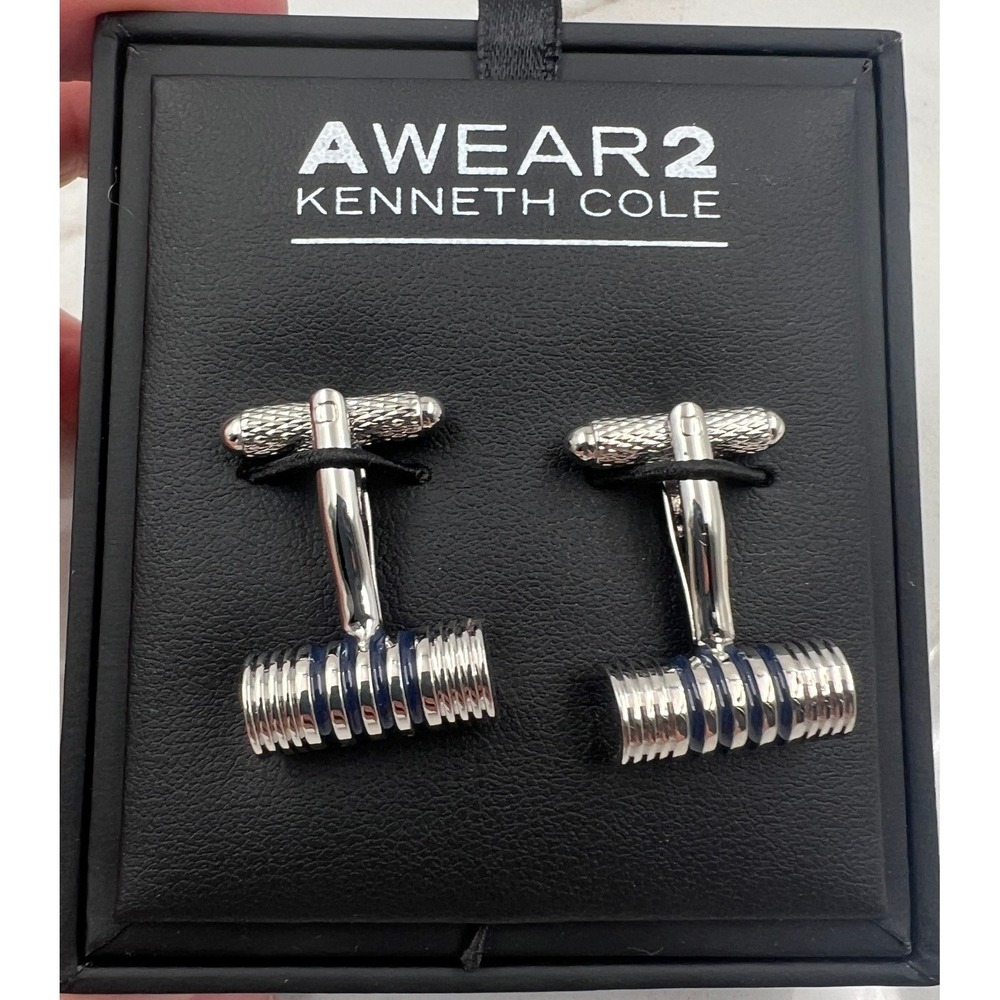 AWEAR 2 Kenneth Cole Cufflinks Men's Silver Navy Blue Striped Cylindrical NIB